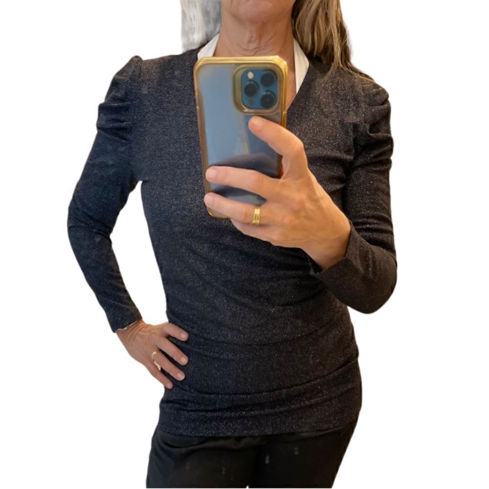 Inc International Concepts Black V Neck Puff Long Sleeves Metallic Sweater.Sz M